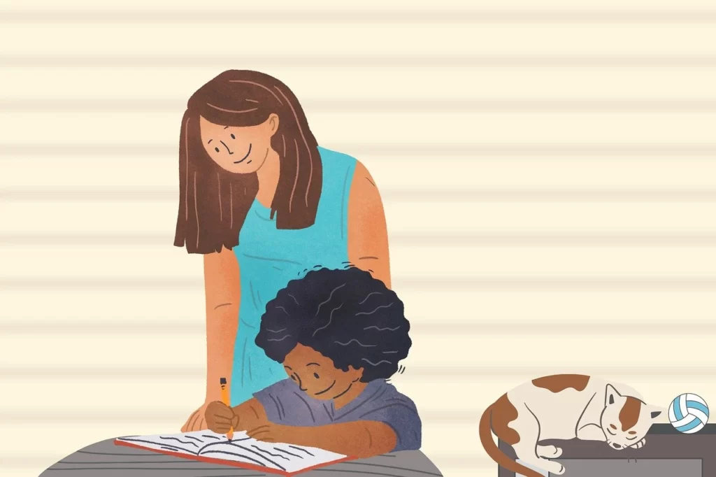 desenho de mãe auxiliando filho em sua lição de casa