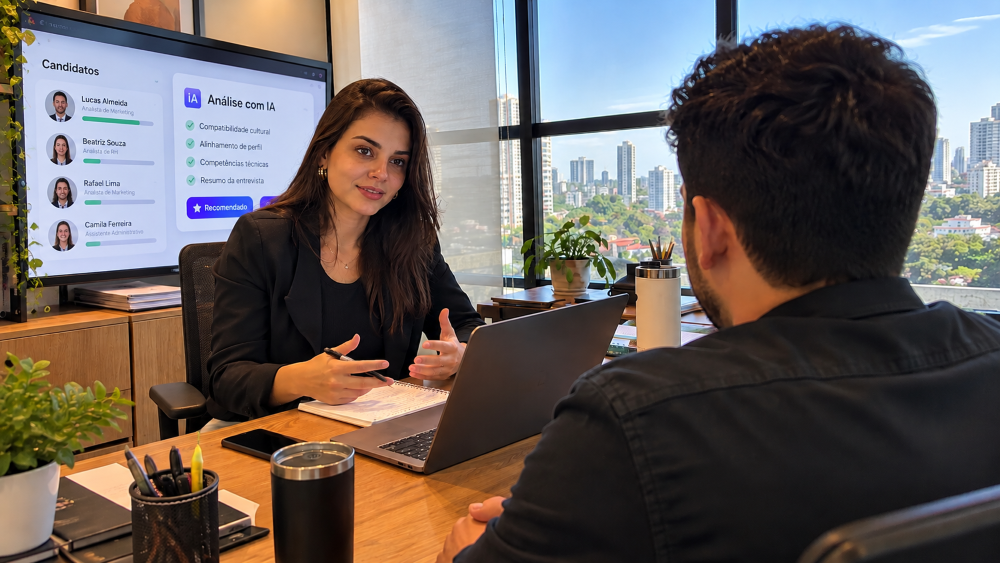 Recrutadora e candidato em entrevista de perfil comportamental no recrutamento e seleção com apoio de tecnologia