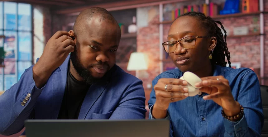 casal ouvindo um podcast no notebook