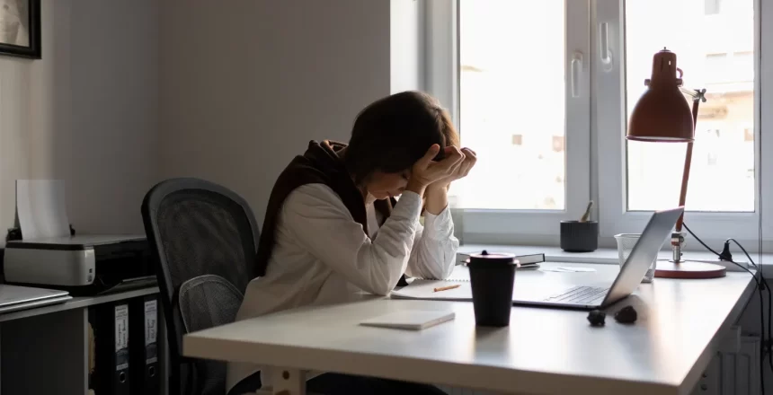 mulher com sinais de burnout no trabalho