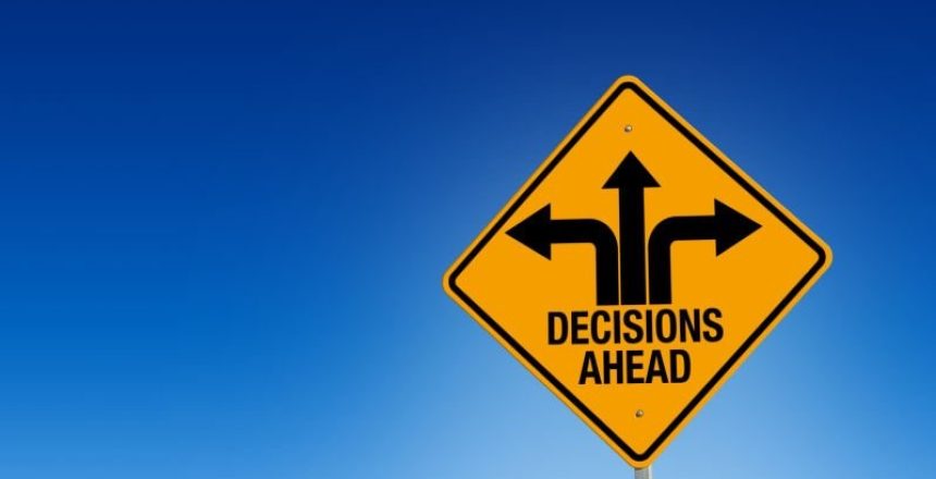 Descisions ahead road sign in warning yellow with blue background, - Illustration